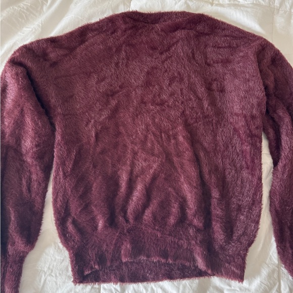 Express Burgundy Fuzzy Faux Fur Sweater XS Bateau Neck Long Sleeve Soft Cozy - Picture 8 of 10